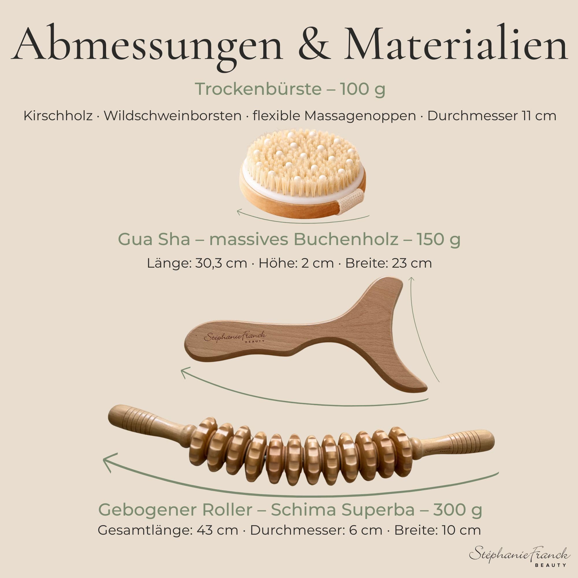Maderotherapie Set aus Holz, 3-teilig mit Roller, Körper Gua Sha und Trockenbürste für eine einfache Körperpflege-Routine zuhause