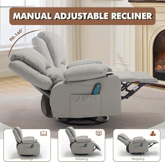 Oversized Manual Swivel Rocker Recliner Nursery Rocking Glider Chair, Grey