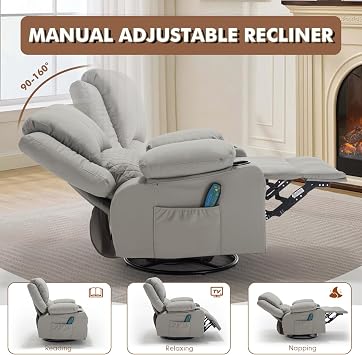 Oversized Manual Swivel Rocker Recliner Nursery Rocking Glider Chair, Grey