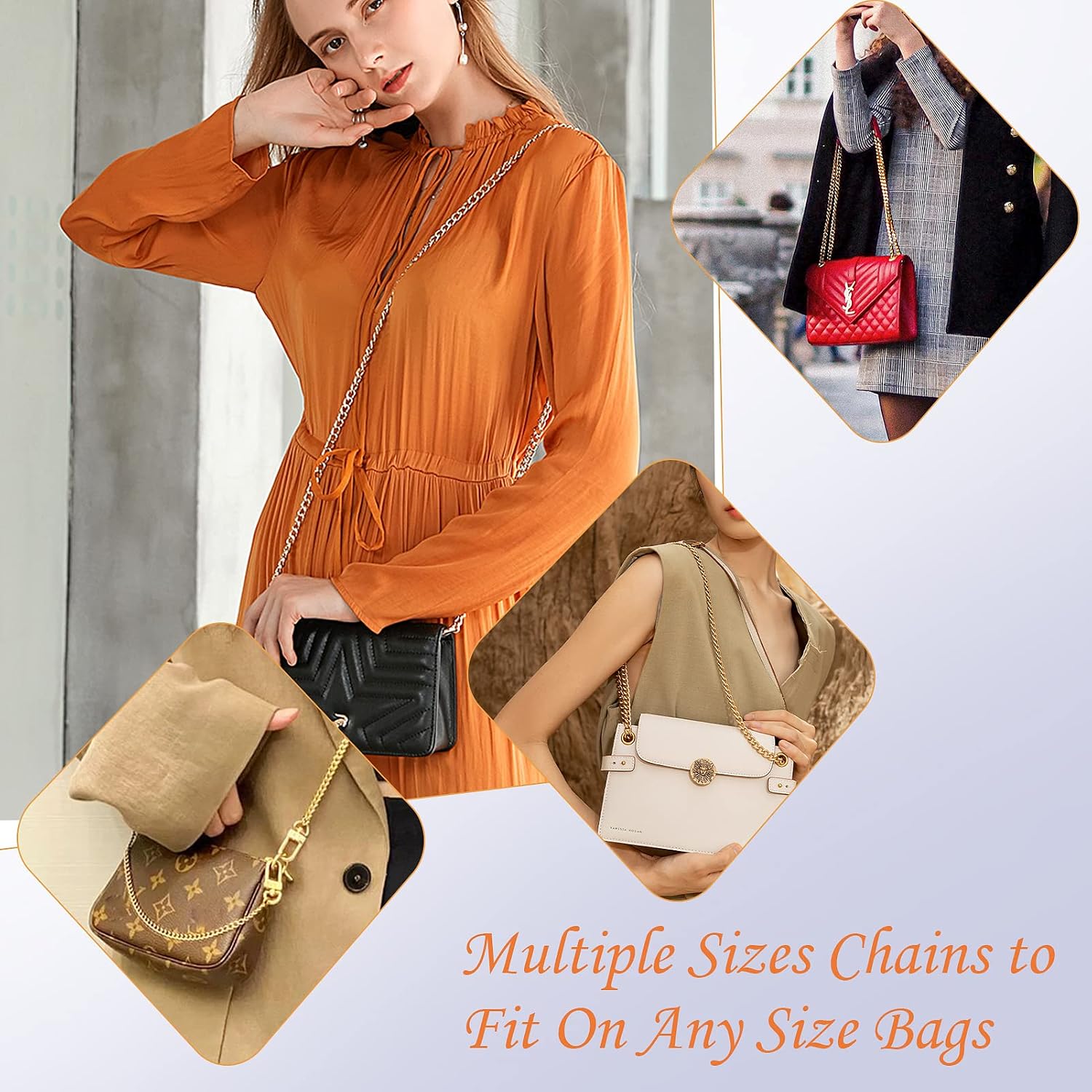4 Packs Gold Purse Chain Strap Flat Iron Chains with Metal Buckles for Replacement Shoulder Handbag Crossbody Bag Clutch (15.7'', 23.6'', 35.4'', 47.2 '')