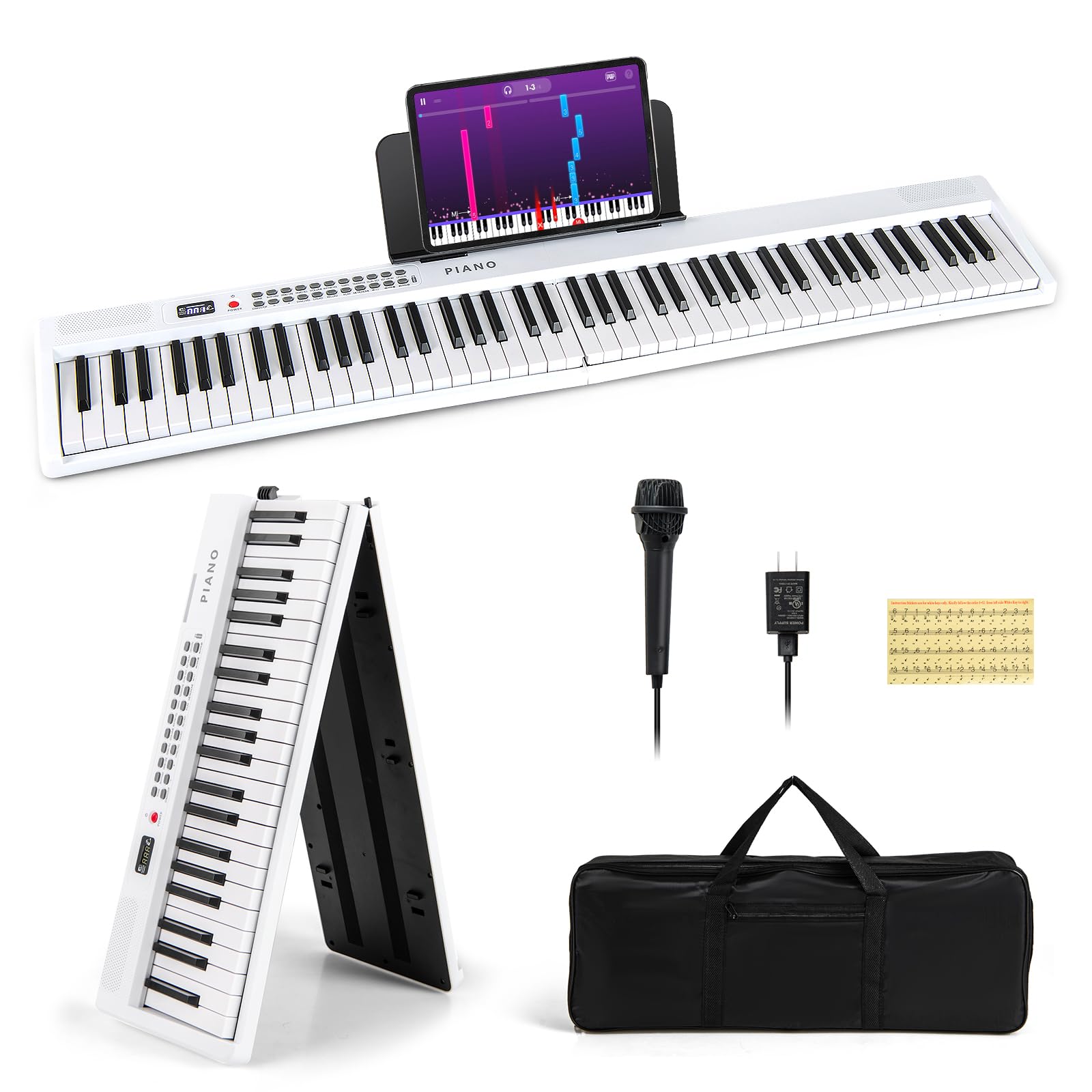 GOPLUS Clavier de Piano Électronique à 88 Touches, Piano Numérique Pliable Portable avec Sac de Rangement, Support de Partition, Microphone et Touches Semi-Pesées pour Enfants et Adultes (Blanc)