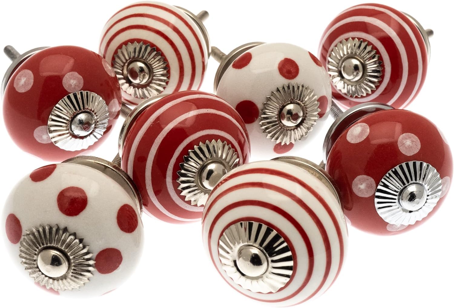 Mango Tree Red Cupboard Knobs - Decorative And White With Dots, Spots And Stripes Ceramic Door And Drawer Handles – Vintage Home Décor Set Of 8
