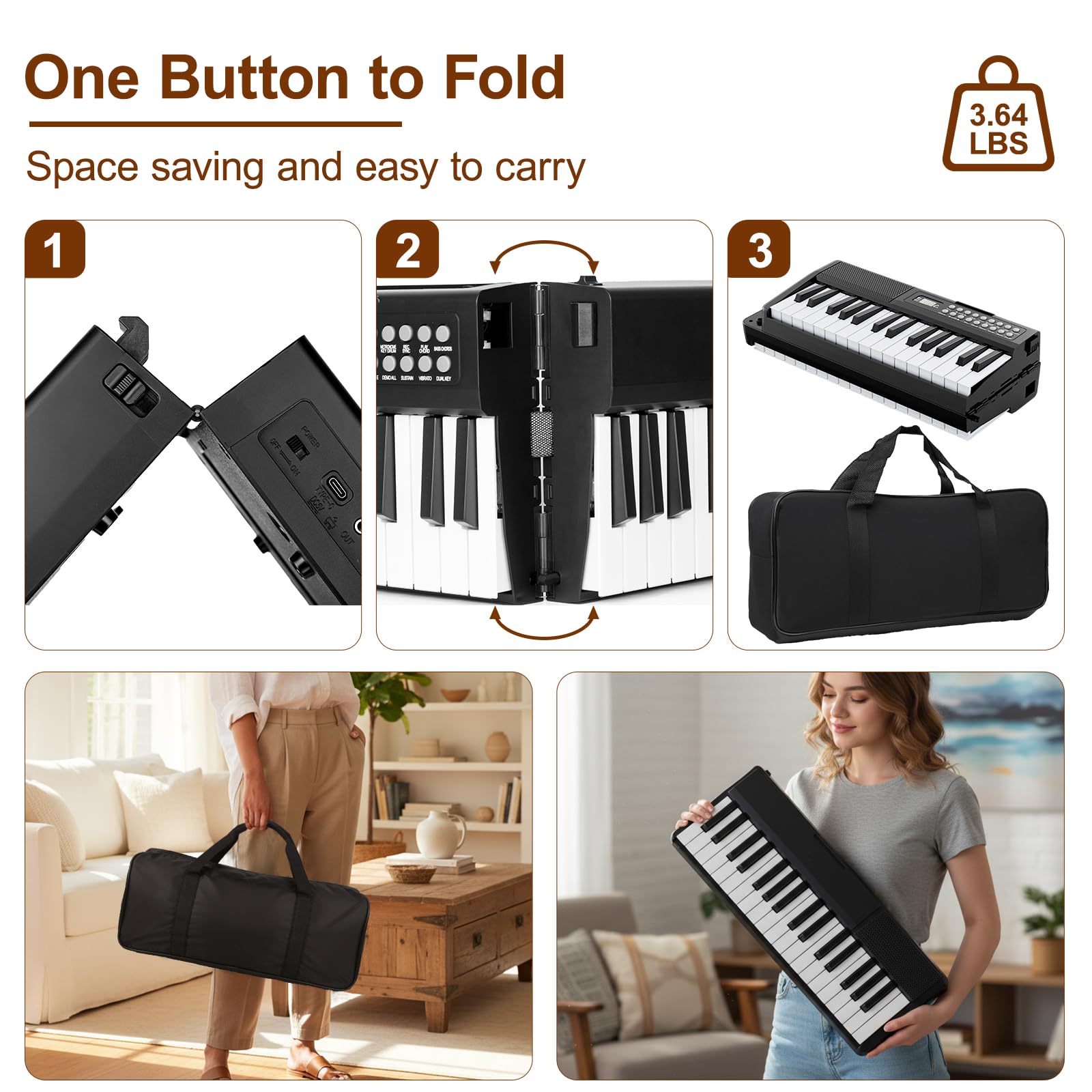 Elektronische Keyboard Piano, Klappbare 61 Tasten Digitale Klavier Mit Netzteil, Notenständer, Aufkleber, Tragetasche, Geschenk für Anfänger