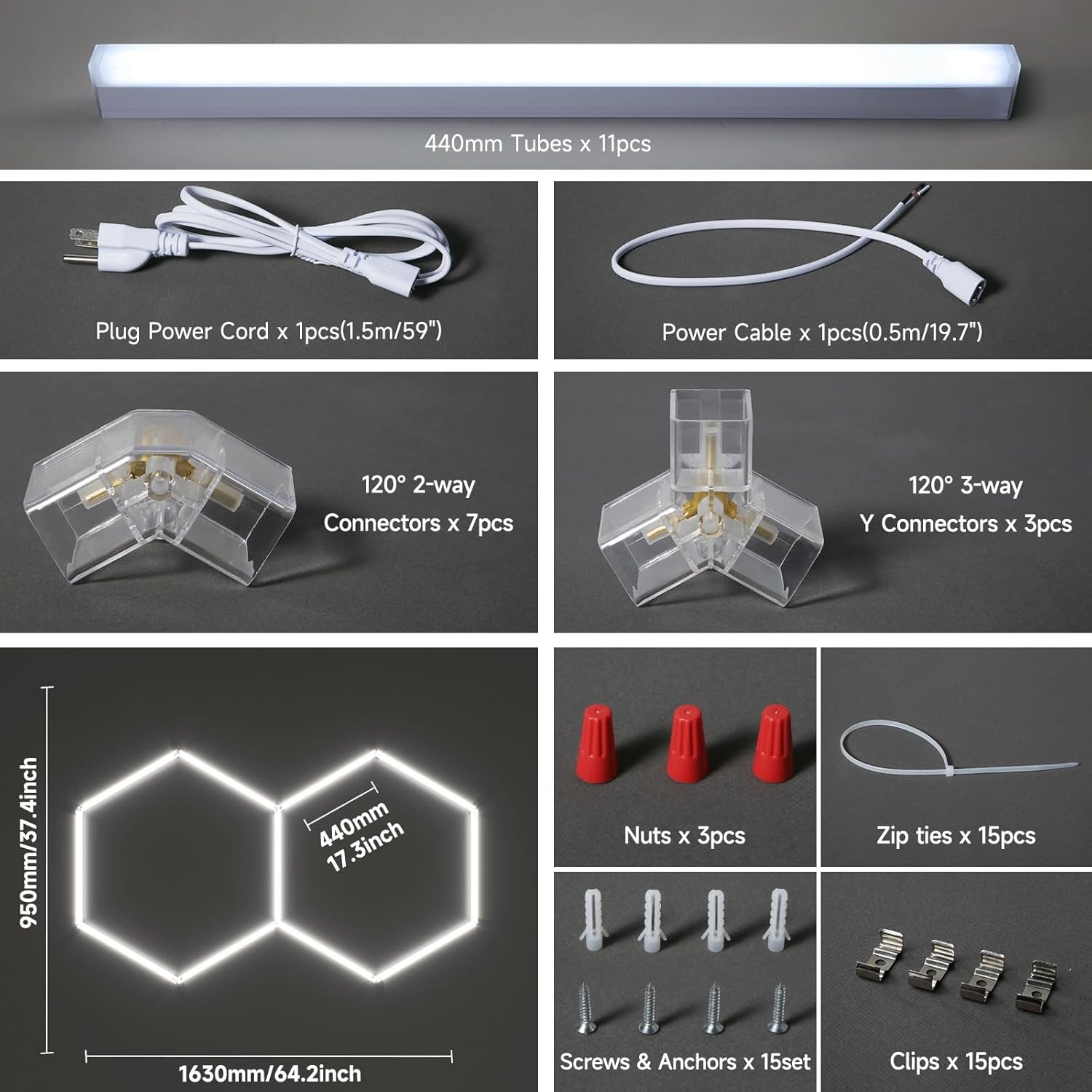 Lámpara de techo LED hexagonal para garaje-11pcs luces de tubo,88W 1.7x1.0m luces LED de techo conectables para taller,garaje,almacén,gimnasio,sala de lavado para el cuidado del automóvil (2-Hex)