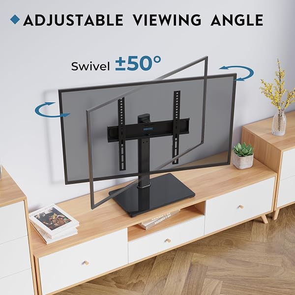 BONTEC Support TV sur Pied TV Universel Pivotant pour Télévisions de 24 à 60 Pouces LCD/LED/Plasma Hauteur Réglable avec Base en Verre Trempé de 8 mm - Charge Maximal 45kg Max VESA 400x400 mm - 3