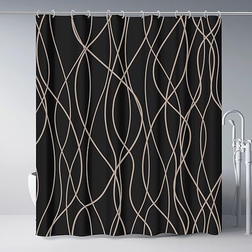 Punkray Black and Brown Striped Wavy Line Polyester Shower Curtain