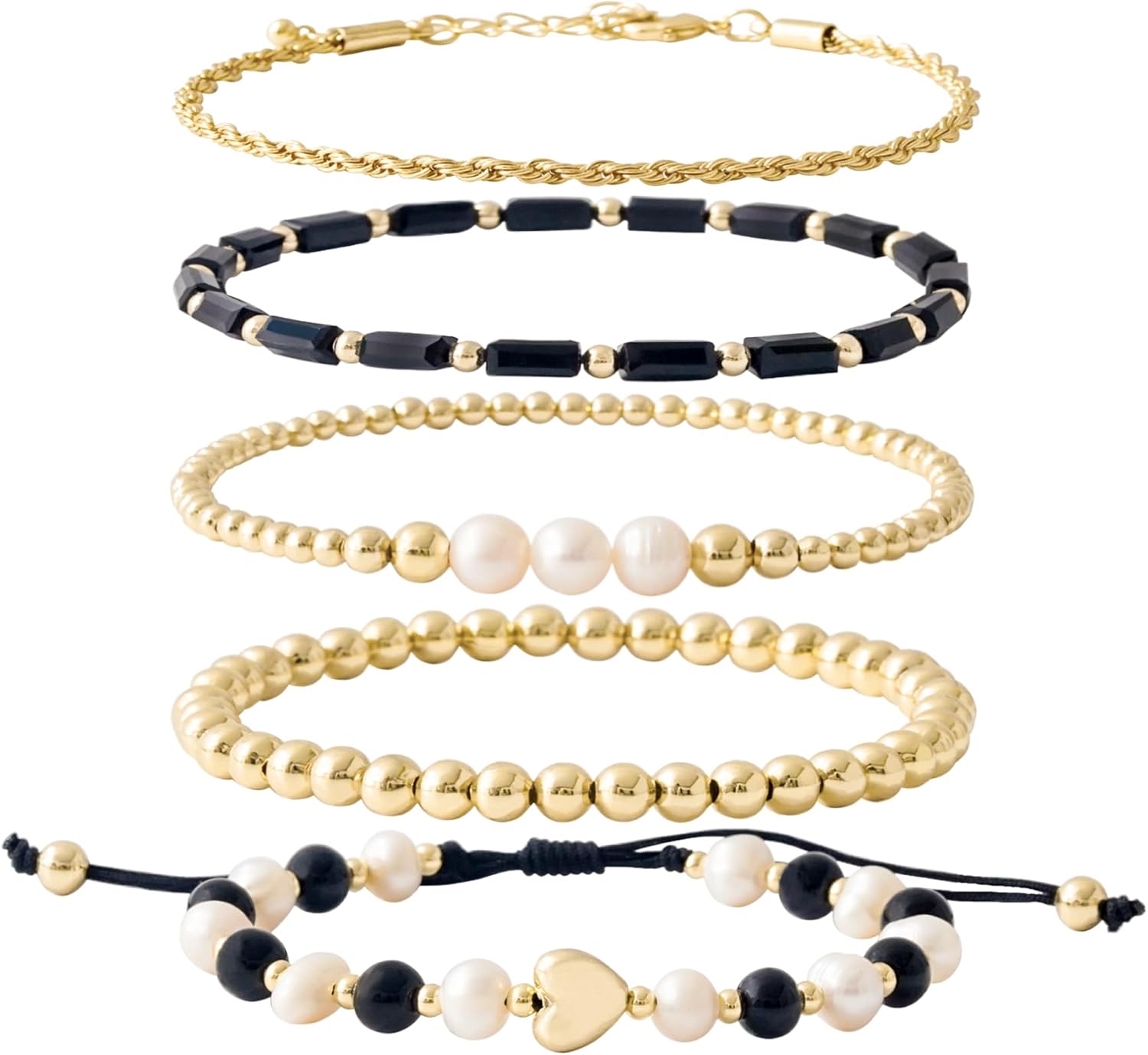 GOOJIDS Tiny Gold Plated Heart Beaded Bracelets For Women Dainty Gold Plated Pearls Stack Layered Beads Bracelet Gift set for MAMA Birthday Mother's Day