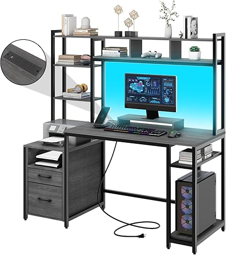Escritorio para computadora con estantes de almacenamiento y 2 cajones, escritorio de juegos de 59 pulgadas con luces LED y tomas de corriente,