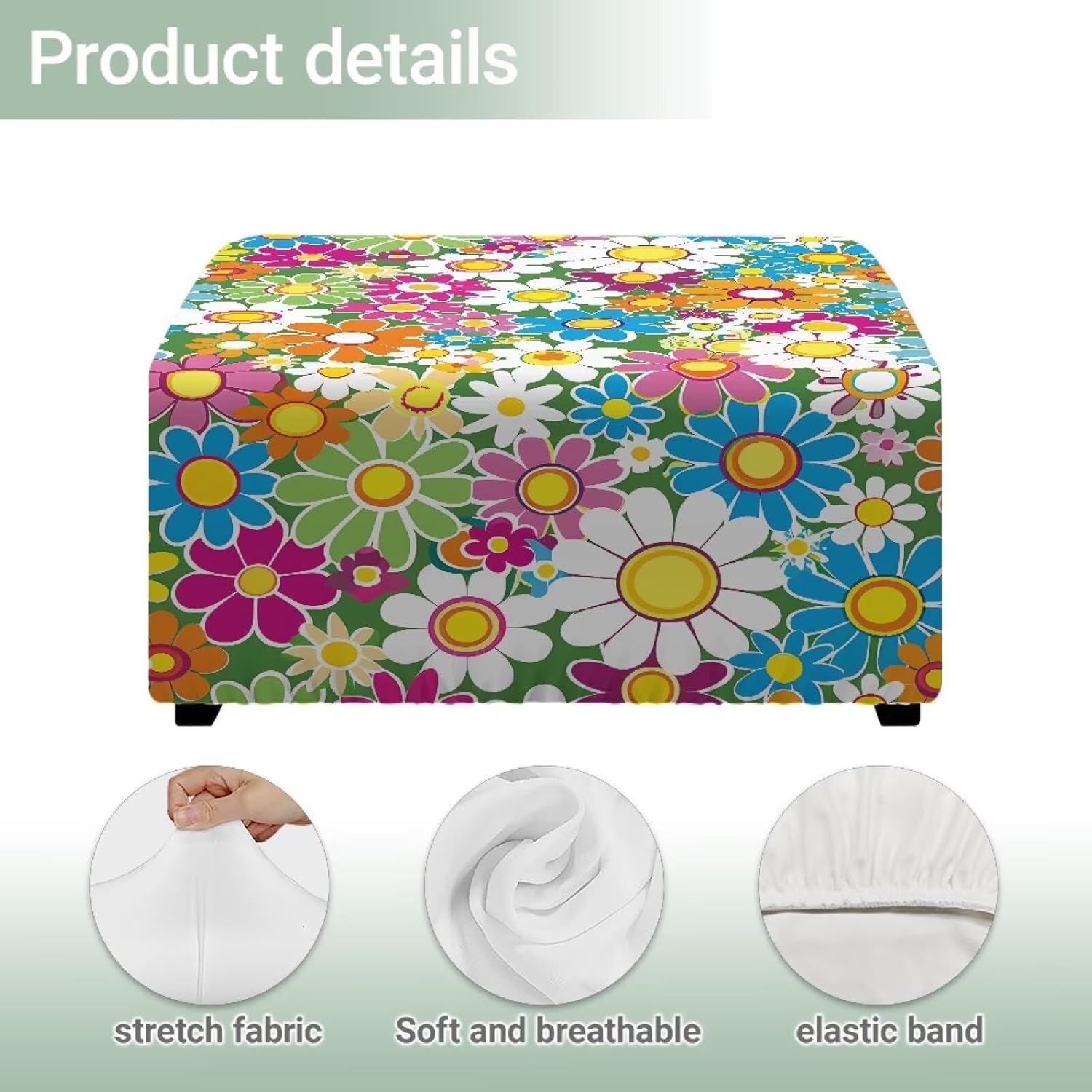 Colorful Daisy Flowers Ottoman Slipcover for Home Decorative 17" L x 17" W x 17" H Square Stool Cover Stretchy Footstool Protector Cover for Living Room Bedroom Office