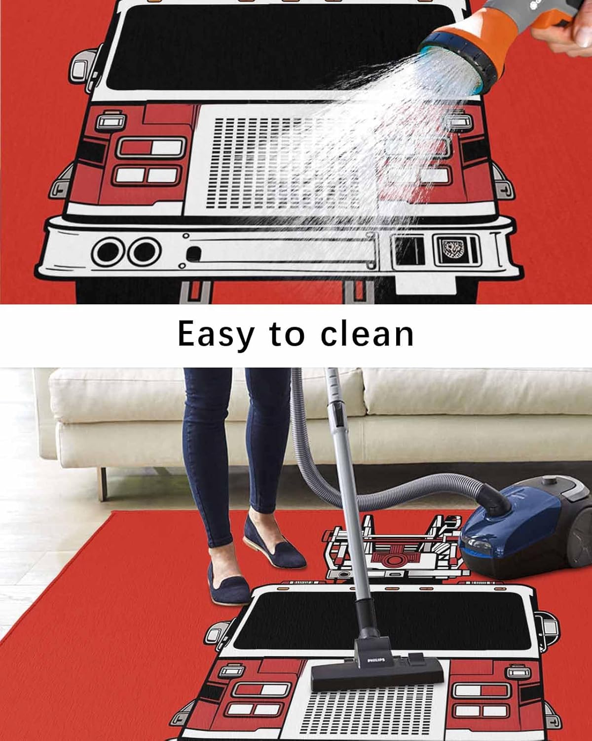 DecorLovee Outdoor Rug 4' x 6', Fire Fighting Truck Large Non Slip Area Rugs Washable Floor Mat, Red Truck Reversible Indoor/Outdoor Carpet Runner for Patio, Backyard, Deck
