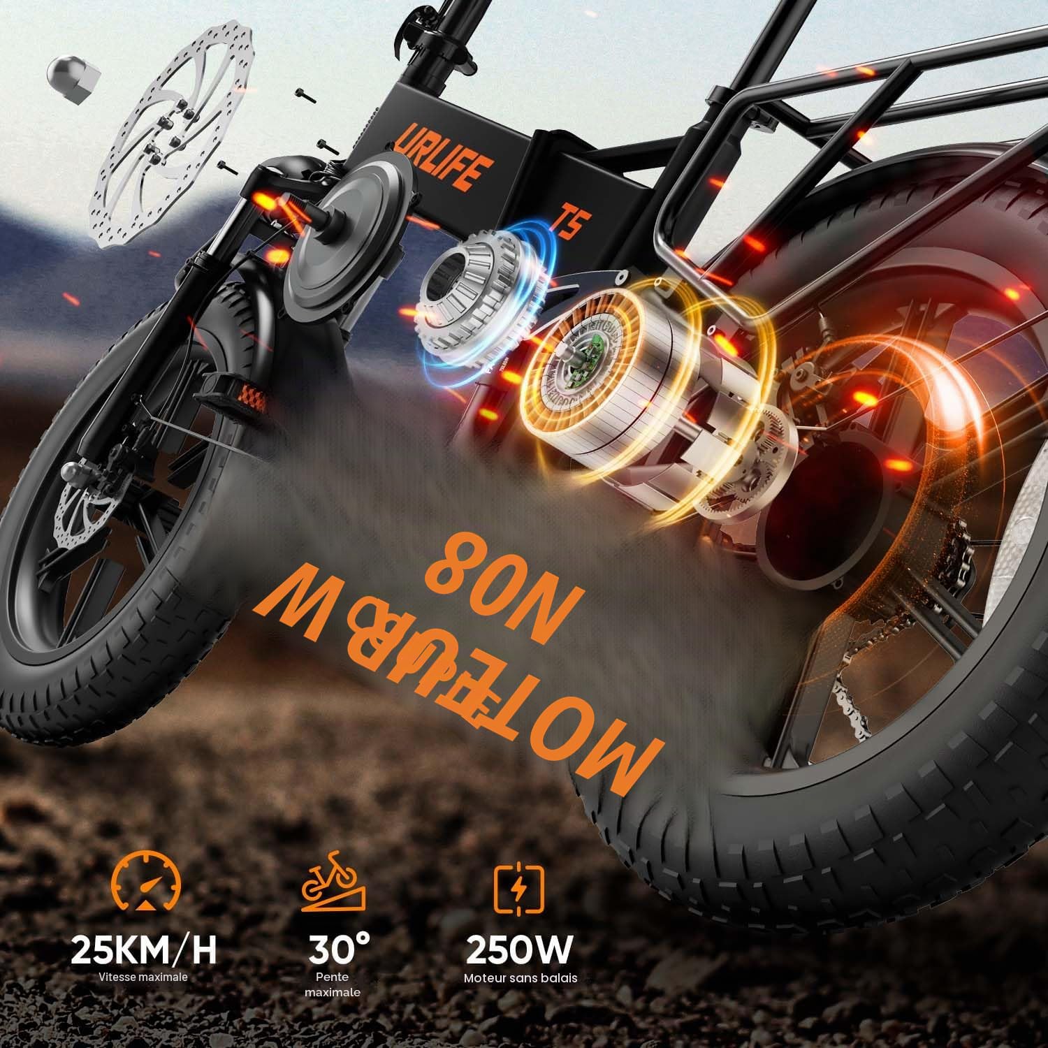 URLIFE T5 Vélo électrique pour homme, 20" Fatbike pliable avec batterie amovible 48 V 13 Ah, portée de 80 à 100 km, suspension complète, 7 vitesses, pour ville et terrain
