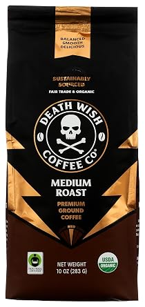 Death Wish Coffee Organic Medium Roast Ground Coffee, Fair Trade, 10 oz