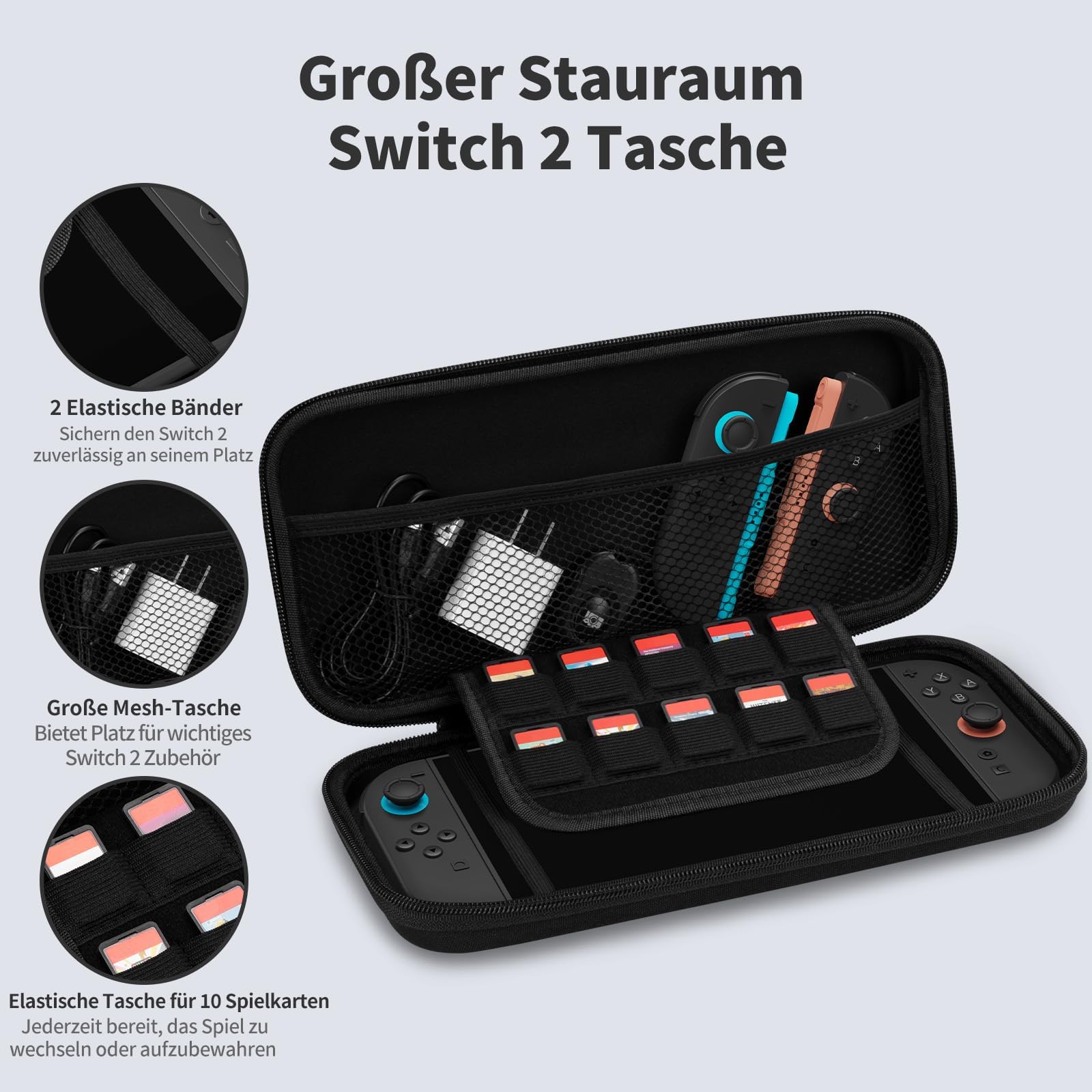 PALPOW Funda Protector Compatible con Nintendo Switch 2 Consola，Estuche rígido y Delgado con Vidrio Templado, 8 agarres para el Pulgar, Kit 10 en 1 para Switch 2, 10 Ranuras para Tarjetas de Juego — view 3
