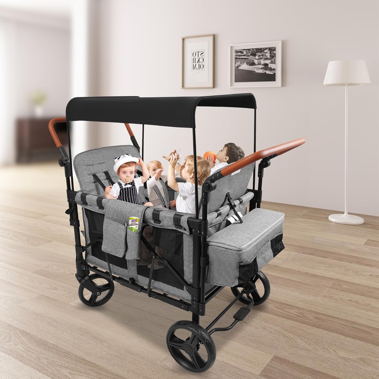 4 Seater Wagon Stroller, High View Kids Stroller Wagon, Foldable Baby Wagon with Removable Canopy, Adjustable Push and Pull Handle, Multiple Storage Bags for Outdoor Park Camping Travel (Grey)