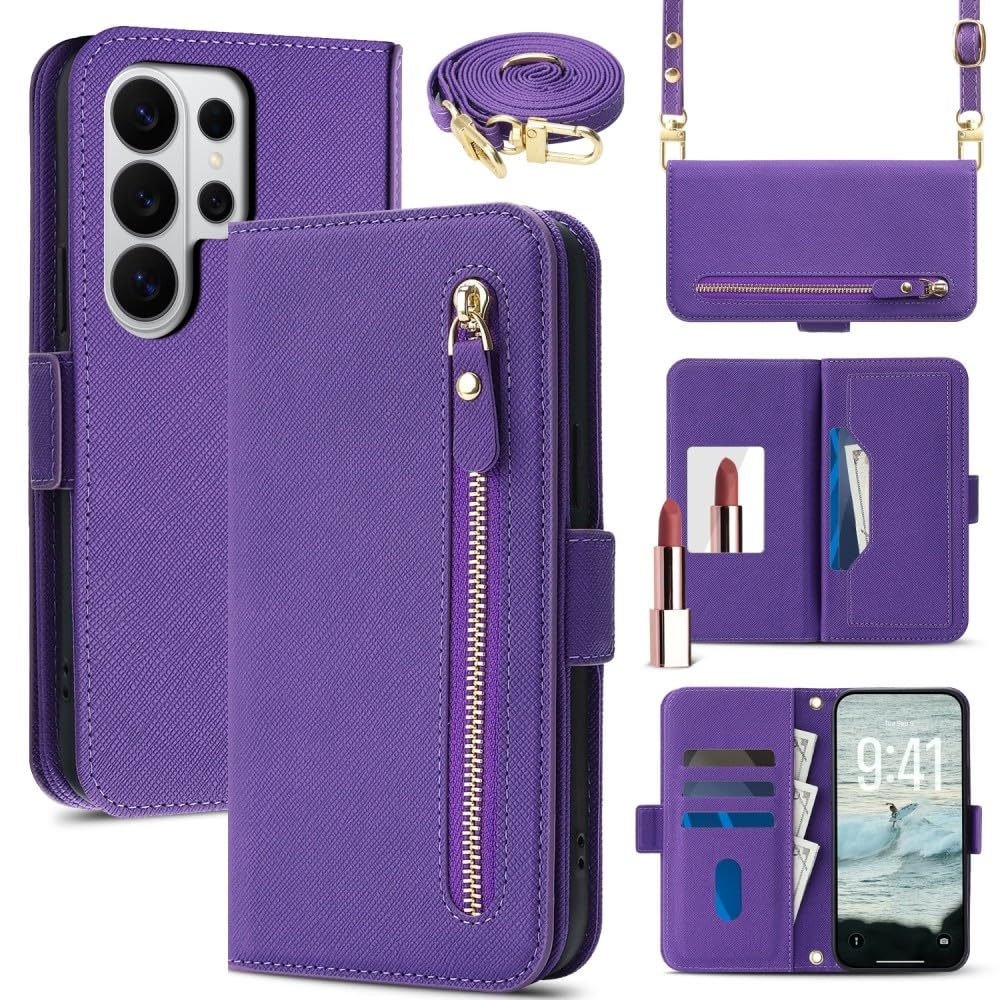 Étui Samsung S26 Plus violet avec portefeuille zippé et bandoulière - 8