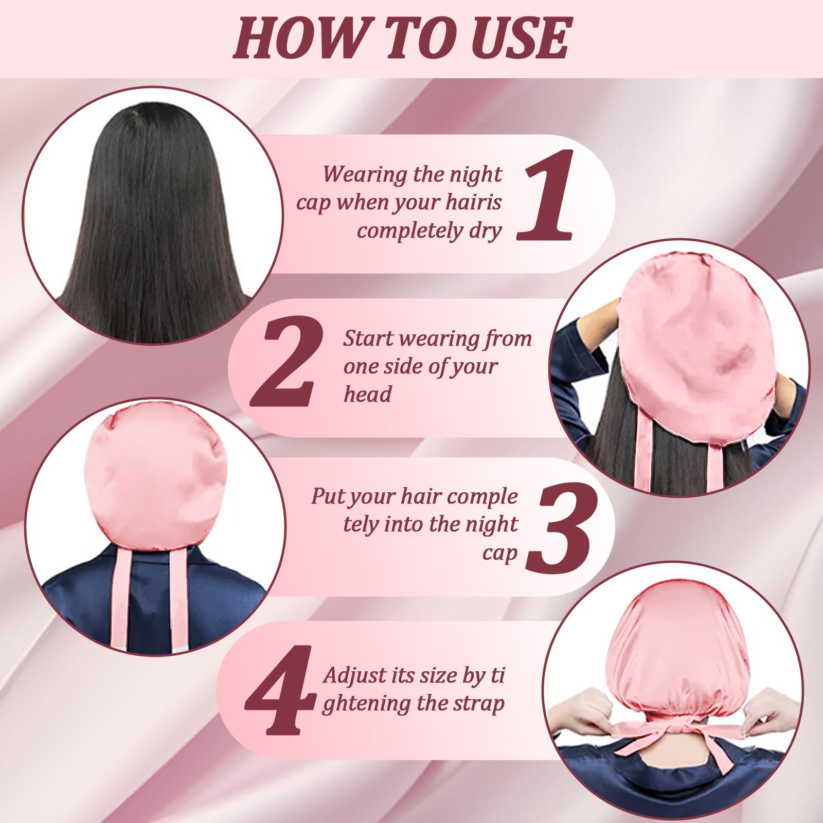 Berretto da Notte in Seta 22 Momme 100% Seta di Gelso, Cuffia Setas Capelli Ricci, Donna Berretto Da Notte Raso, Morbido e Confortevole, Traspirante, per Capelli Corti(M/Rosa