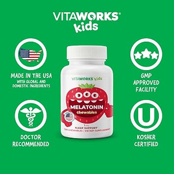 VitaWorks Kids Melatonin 1 mg Chewable Tablets, Vegan, Kosher, 120 Count