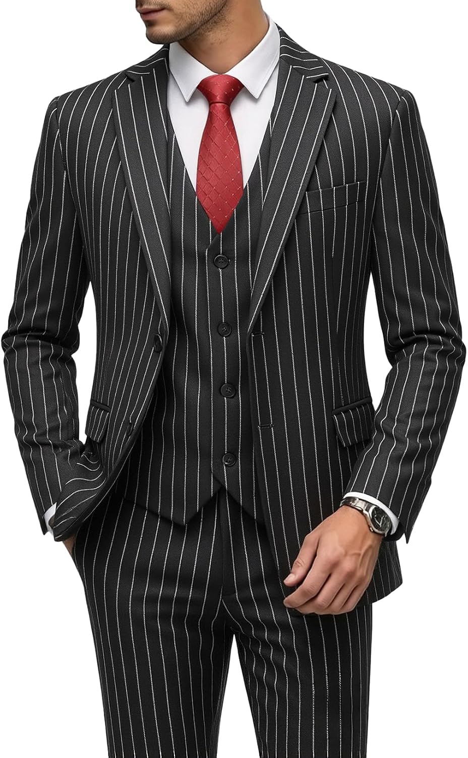 MOGU Mens 3 Piece Pinstripe Suit Slim Fit Double Vents Tuxedo Jacket Vest & Pants Casual Dress Set