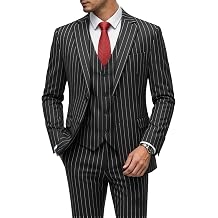 MOGU Mens 3 Piece Pinstripe Suit Slim Fit Double Vents Tuxedo Jacket Vest & Pants Casual Dress Set