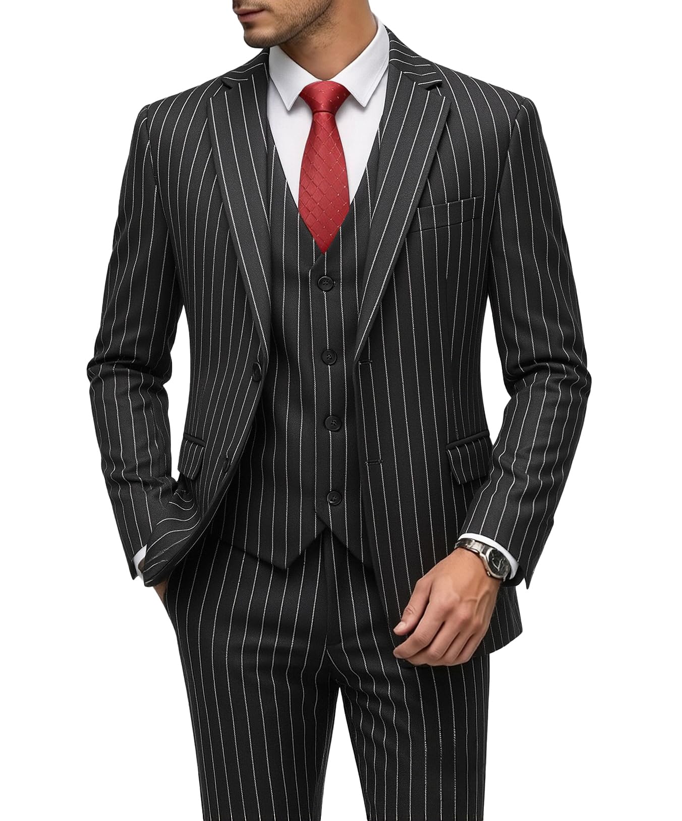 MOGU Mens 3 Piece Pinstripe Suit Slim Fit Double Vents Tuxedo Jacket Vest & Pants Casual Dress Set