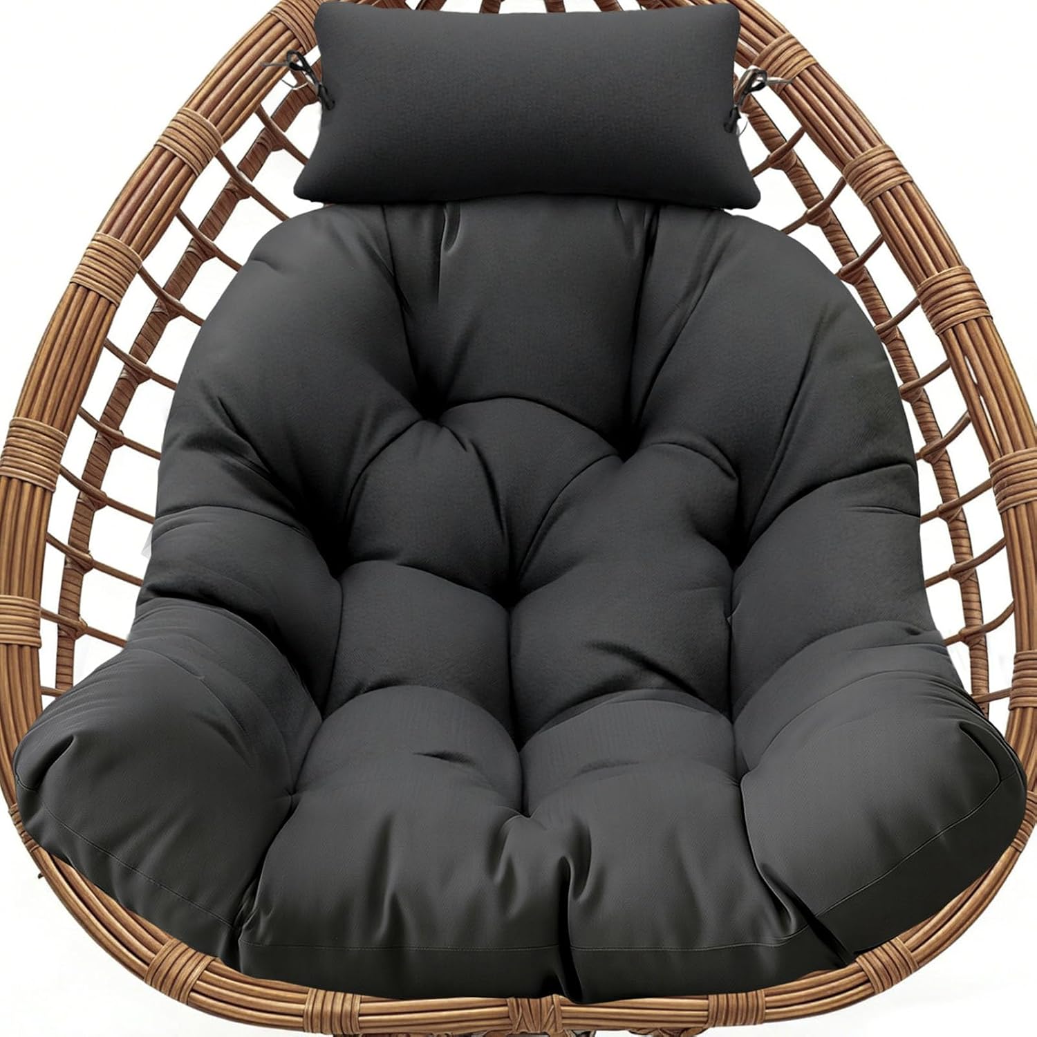 Waterproof Egg Chair Cushion Replacement, 47x33x7 Inches Thicken Outdoor Hanging Chair Cushion with Headrest Pillow, Cushions for Egg Chairs, Black
