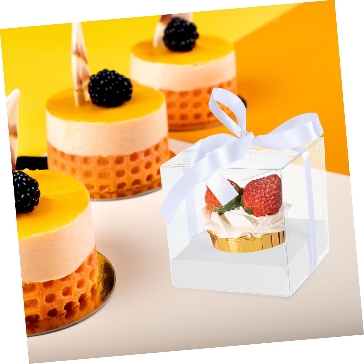 Luxshiny Plastic Cupcake Boxes for Secure Transport 24pcs with Ribbon and Paper Insert, Mini Mousse Cake Carriers with Reinforced Base for Birthday Party and Bakery Displays