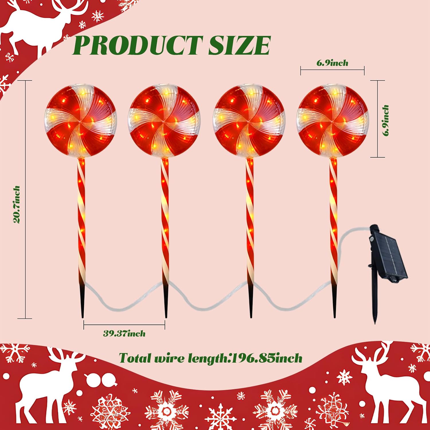 Candy Christmas Decorations Pathway Outdoor Solar, 29 inches 80 LED Lighted Lollipop with 8 Modes Waterproof String, for Yard Patio Walkway-4PCS