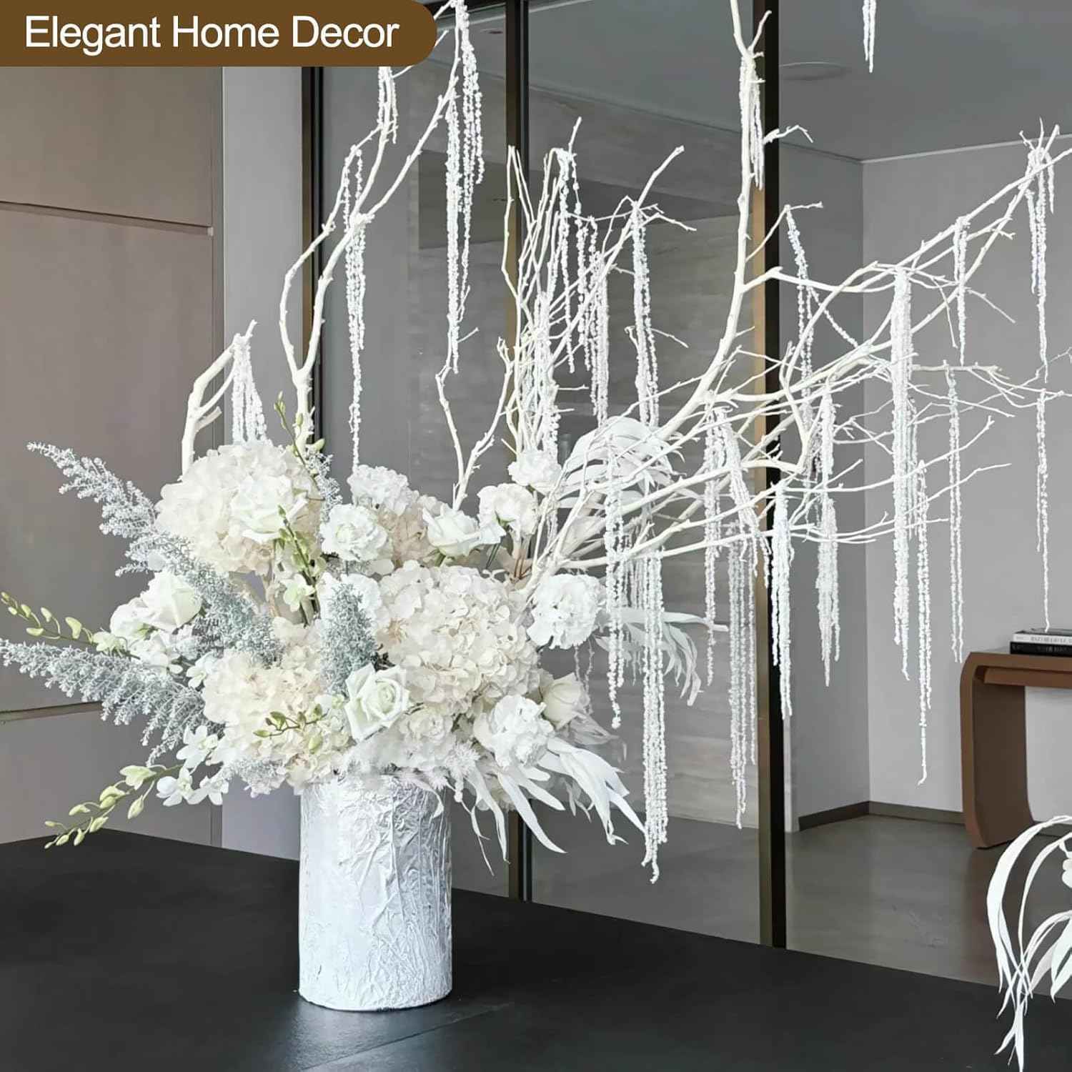 10Pcs Dried Amaranthus Hanging Flowers, 23" White Wisteria Hanging Flowers, Preserved Amaranthus Flower Stems for Wedding Decor, Exhibition, Arch, Vase Filler, Table Centerpieces & Home Decor