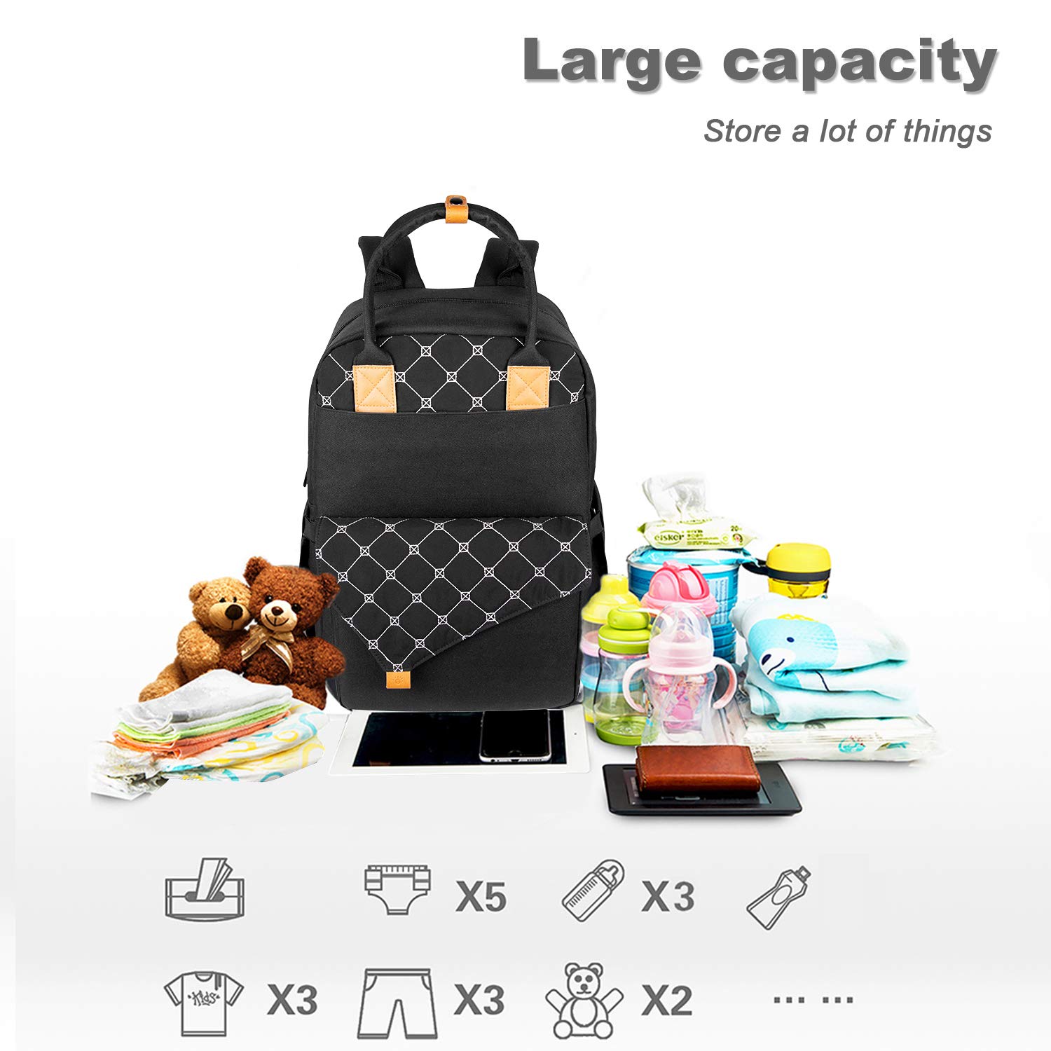 Hap Tim Diaper Bag Backpack Multi-Function Baby Bag Maternity Nappy Bags for Travel, Changing Bags, Large Capacity with Insulated Pockets Stoller Staps for Mom& Dad (K1031-BK)