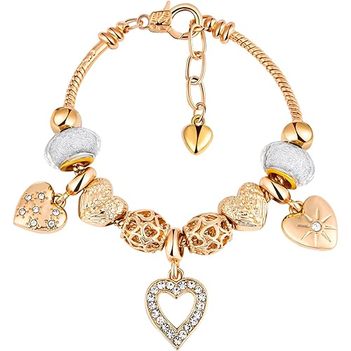 Charm Bracelet for women Christmas Gifts, with Crystal and Heart Shape Glass Beads Sliver CZ Cross Snake Chain Bracelet, Trendy Charm Bracelet Jewelry Gifts for Women Girls