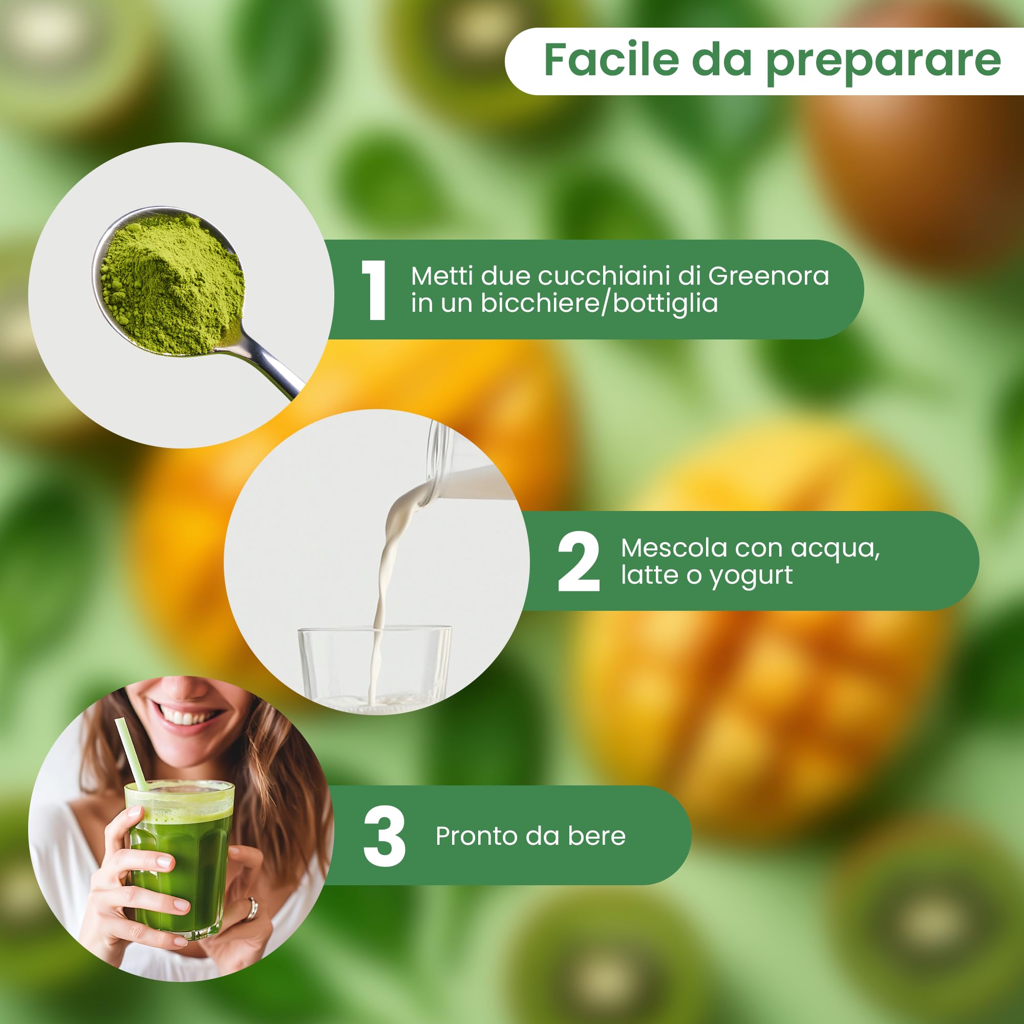 GREENORA Polvere di Spirulina, Spinaci, Zenzero, Cavolo Riccio, Mango e Kiwi per Smoothie. Frutta e Verdura Liofilizzata 100% Naturale. Vegan. 100g