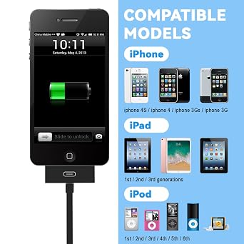 iPod Charger Cable Old Style 30 Pin 3FT for Charging & Data, Black