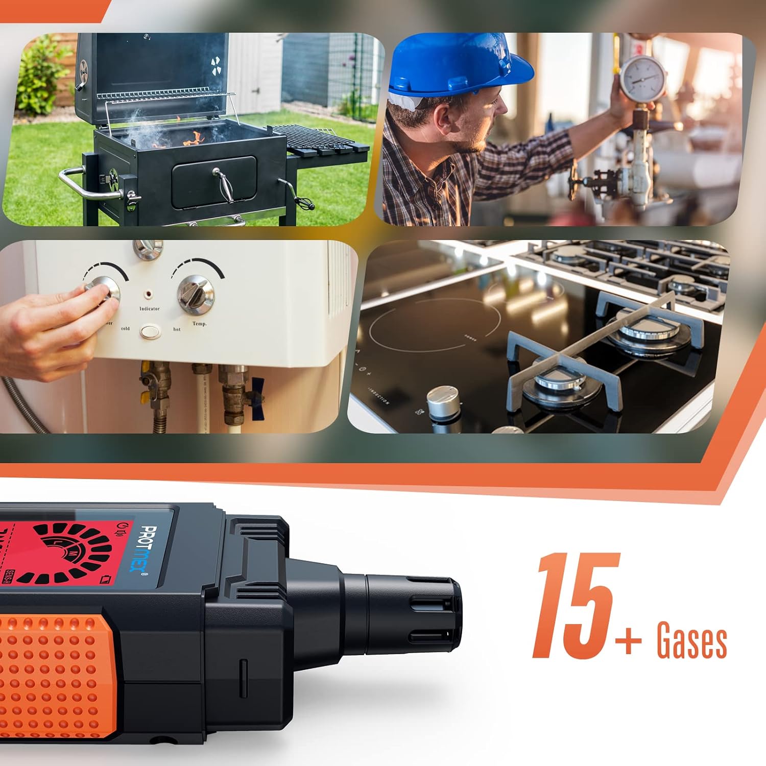 Collage of images showing the HT609 being used in various settings: near a barbecue grill, by a technician checking industrial pipes, near a water heater, and near a gas stove, indicating its wide application for over 15 types of gases.