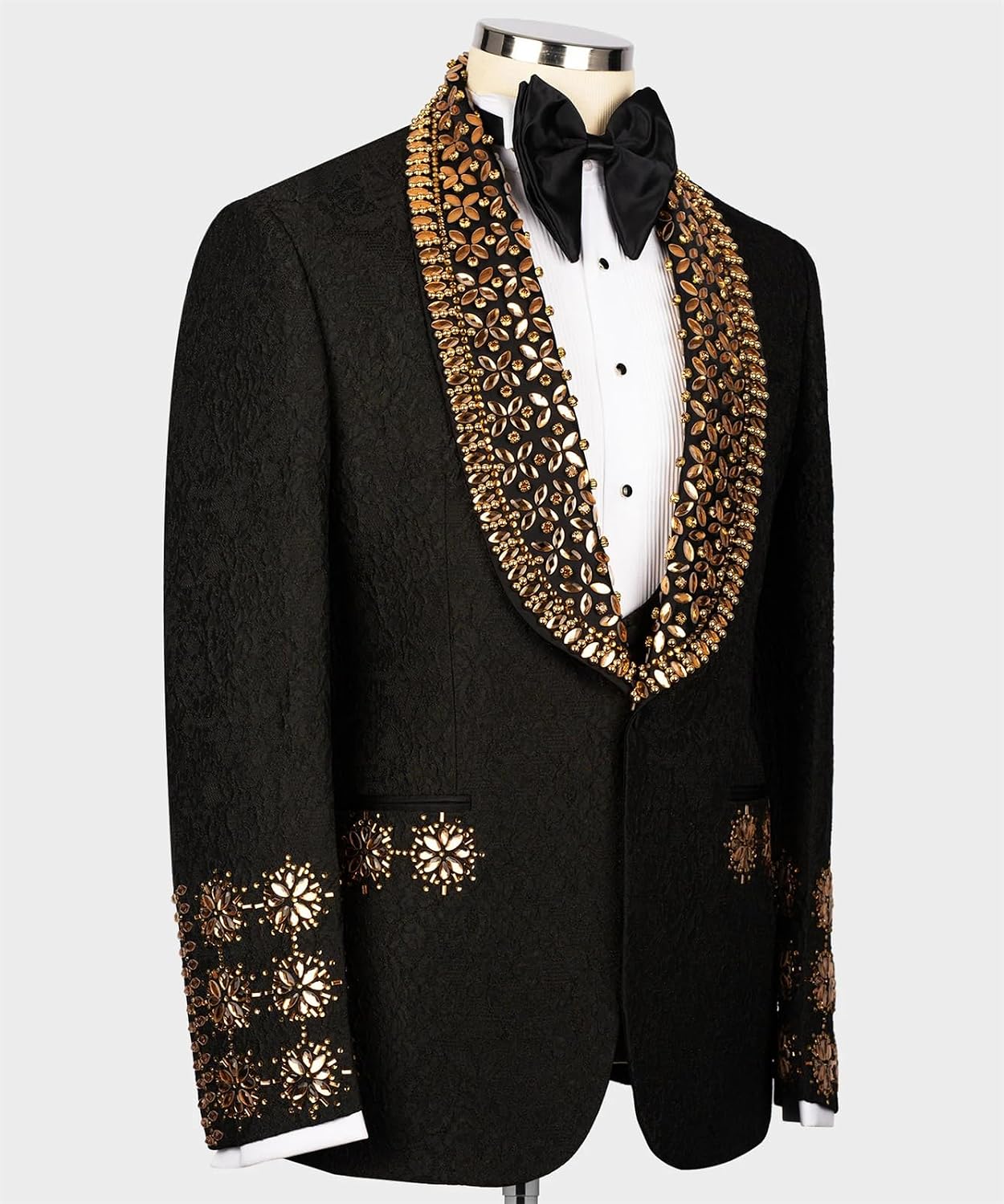 Men's Wedding Jacquard Tuxedo with Luxury Handmade Rhinestone Slim Fit Dinner Blazer for Prom Party Graduation