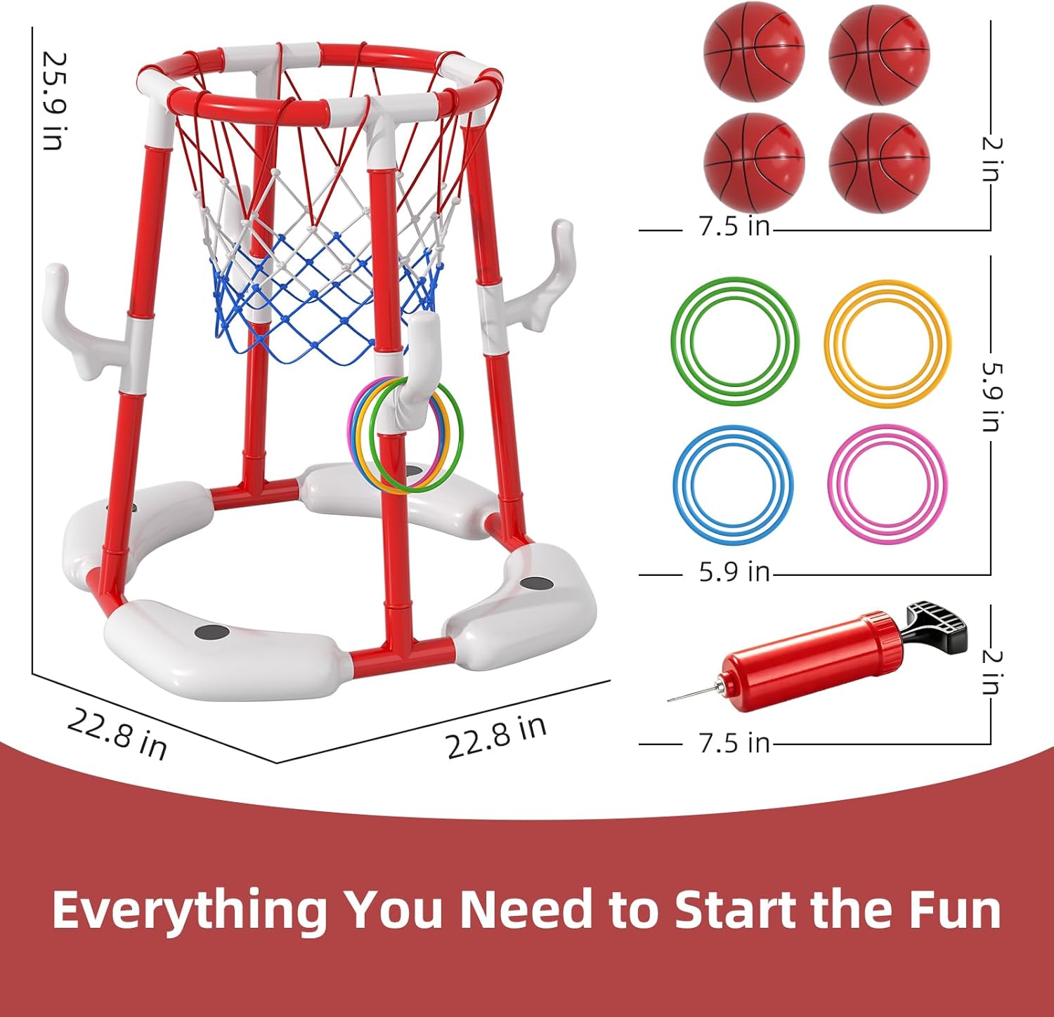 Pool Basketball Hoop for Kids 4-8 & 8-12 Years Old - 2-in-1 Floating & Above Ground Water Game with 4 Balls, 12 Rings & Pump, Outdoor Play Swimming Pool Toy for Adult Summer Party