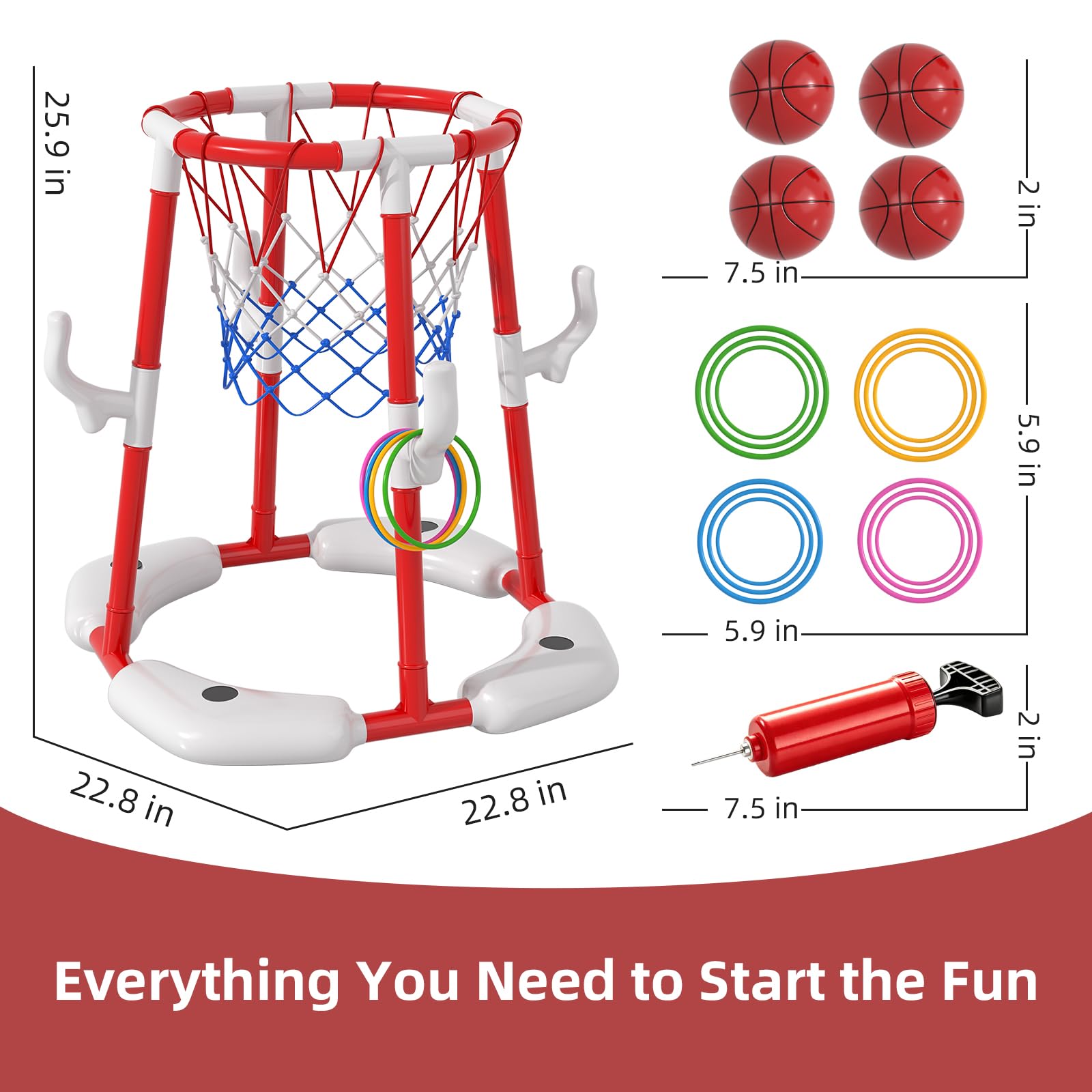 Anneau de Basket-Ball pour Enfants de 4 à 8 et 8 à 12 Ans, Jeu d'eau 2 en 1, Flottant et Hors Sol, avec 4 balles, 12 Anneaux et Pompe, Jouet d'extérieur pour Piscine pour Adultes, fêtes d'été