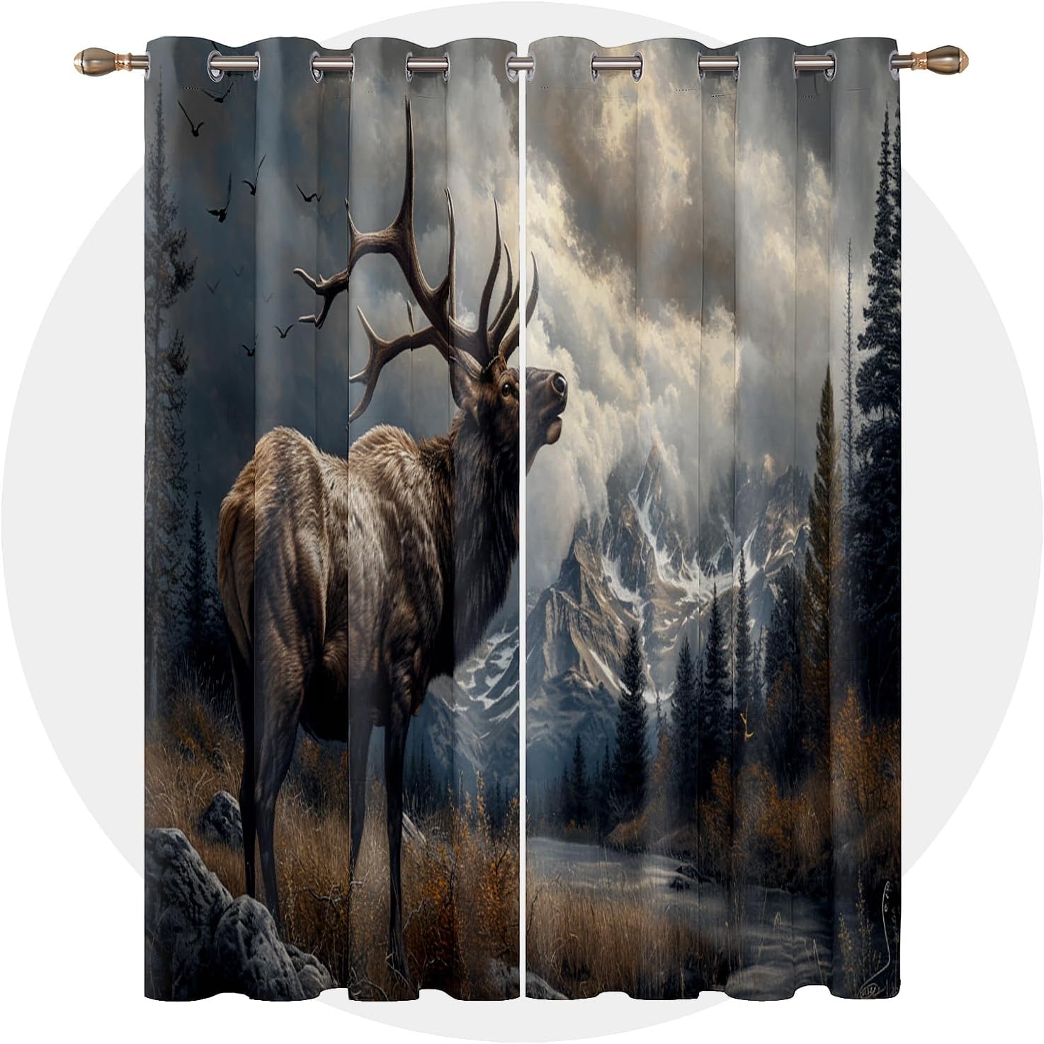 Elk Curtains 63 Inch Length - Deer Wildlife Cabin Animal Patterned Blackout Curtains for Living Room Bedroom, Room Darkening Grommet Drapes Window Treatments, 2 Panel Set