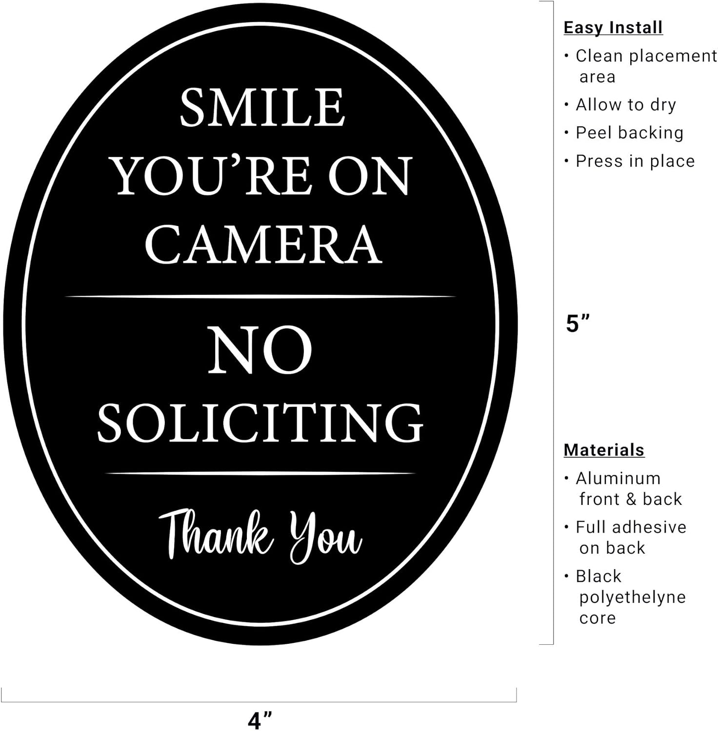 All Hung Up 4" x 5" Smile You're on Camera & No Soliciting Sign for House, 3M Self-Adhesive for Door,Window,Wall, Durable Quality Aluminum Metal Surface, Home,Business,Office, Thank You, Black