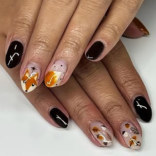 BFY Fall Press on Nails Medium Almond Fake Nails, Autumn Leaf Fox Acrylic Nails, Natural Fit Glossy Gel Manicure Stick on Nails with Glue, Thanksgiving False Nails Kit 12Sizes 24Pcs