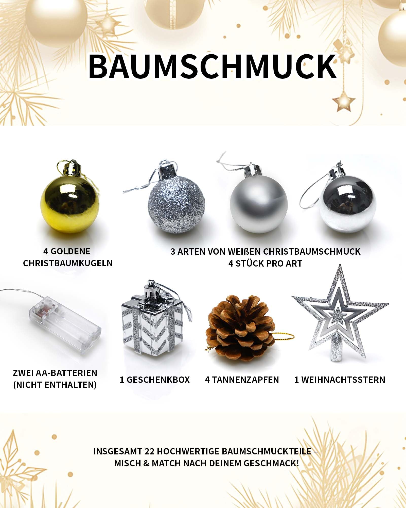 Künstlicher Weihnachtsbaum mit Beleuchtung, Geschmückter Mini Weihnachtsbaum inklusive Schmuck und stabilem Stoffsockel für Festliche Tischdeko, Weihnachten