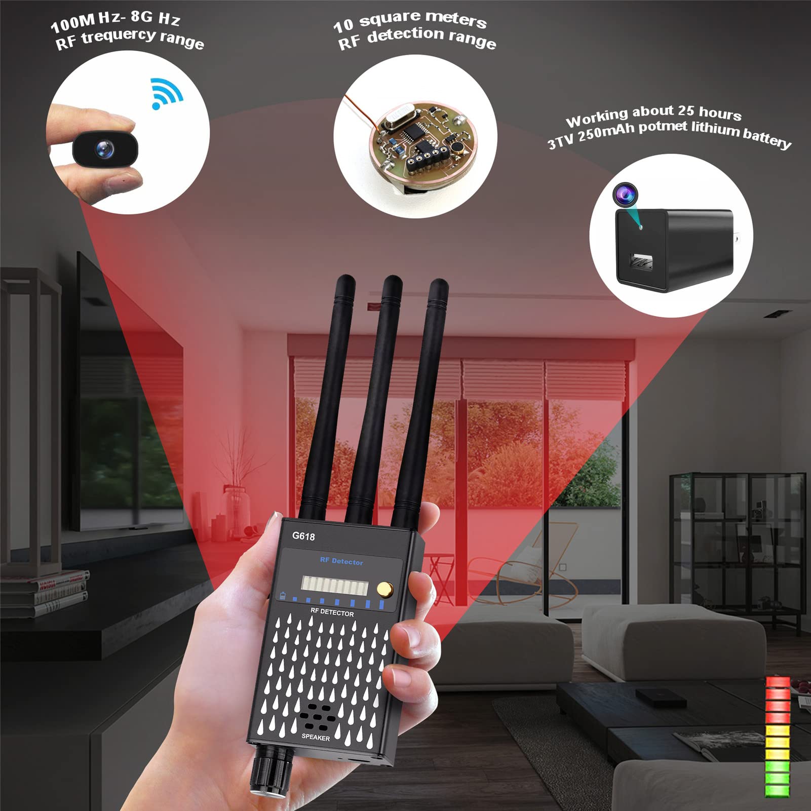 Detektor RF, urządzenie do słuchania kamer WiFi, bezprzewodowy skaner sygnału GPS G618