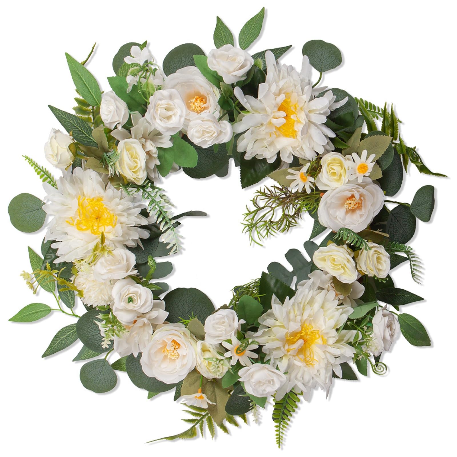 45cm Artificial Spring Wreath with Flowers, Faux Rose & Daisy Floral Door Garland for Front Porch Wall Window Farmhouse Home Decor (45cm,White)