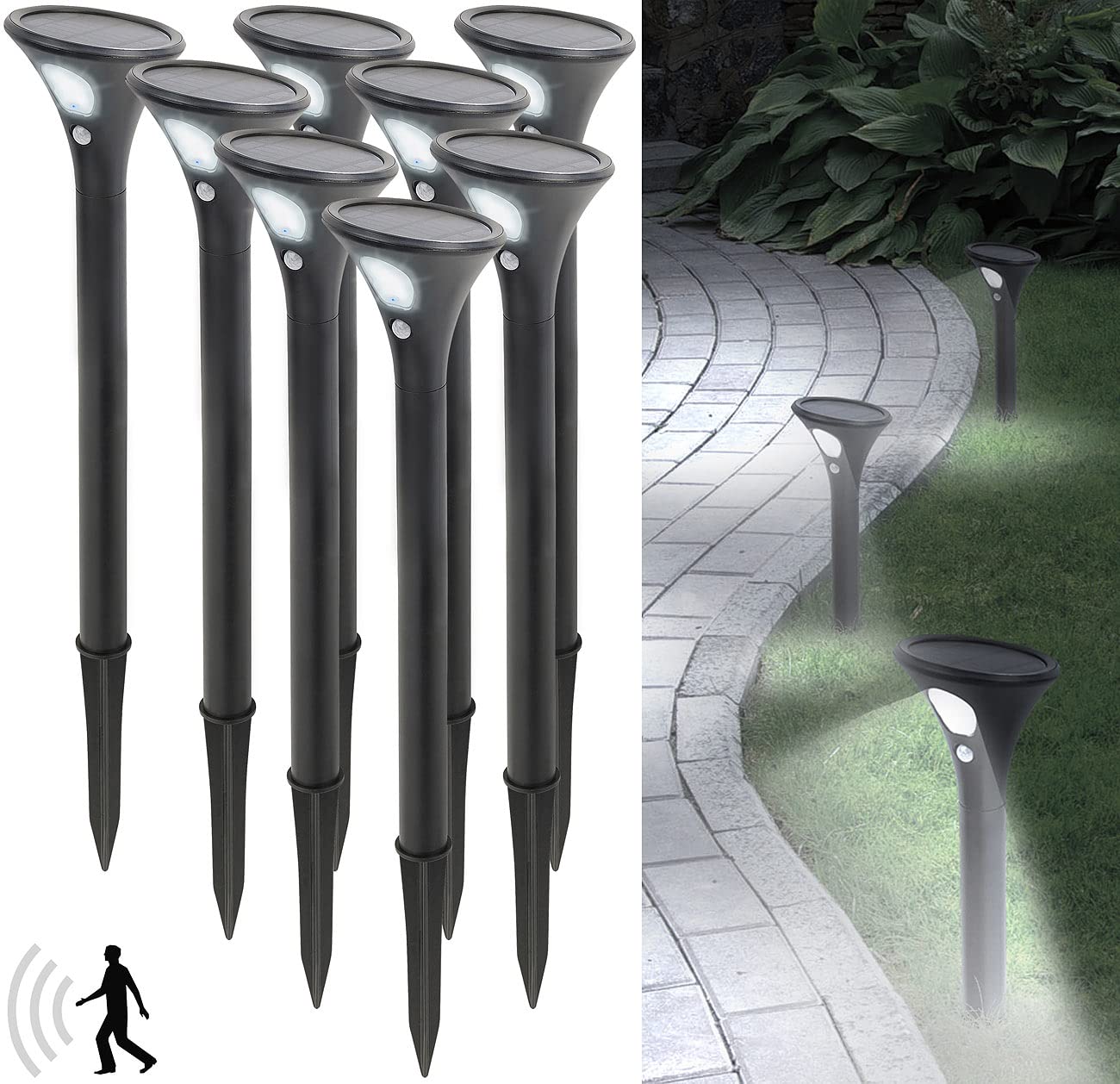 Lunartec Solarleuchten Gehwege: 8er-Set Design-Solar-Wegeleuchten, Licht- & Bewegungssensor, kaltweiß (Solar-Wegeleuchte Bewegungsmelder, Sensor-Gartenleuchten, Alarm)