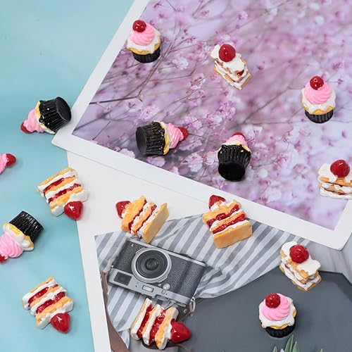 Miniatura 7 de Honbay 20 dijes de resina con parte trasera plana de pastel de fresa, adornos de resina de postre y alimentos, accesorios de decoración de cabujones