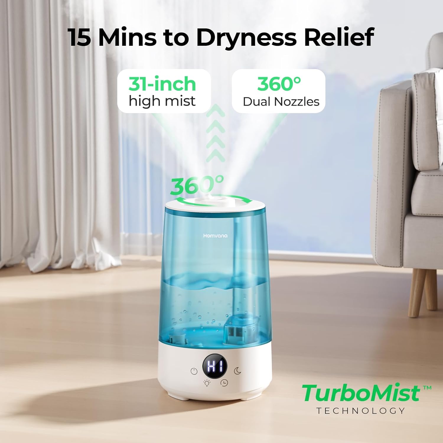 Homvana H101 Humidifier with 360 degree mist output and TurboMist Technology.