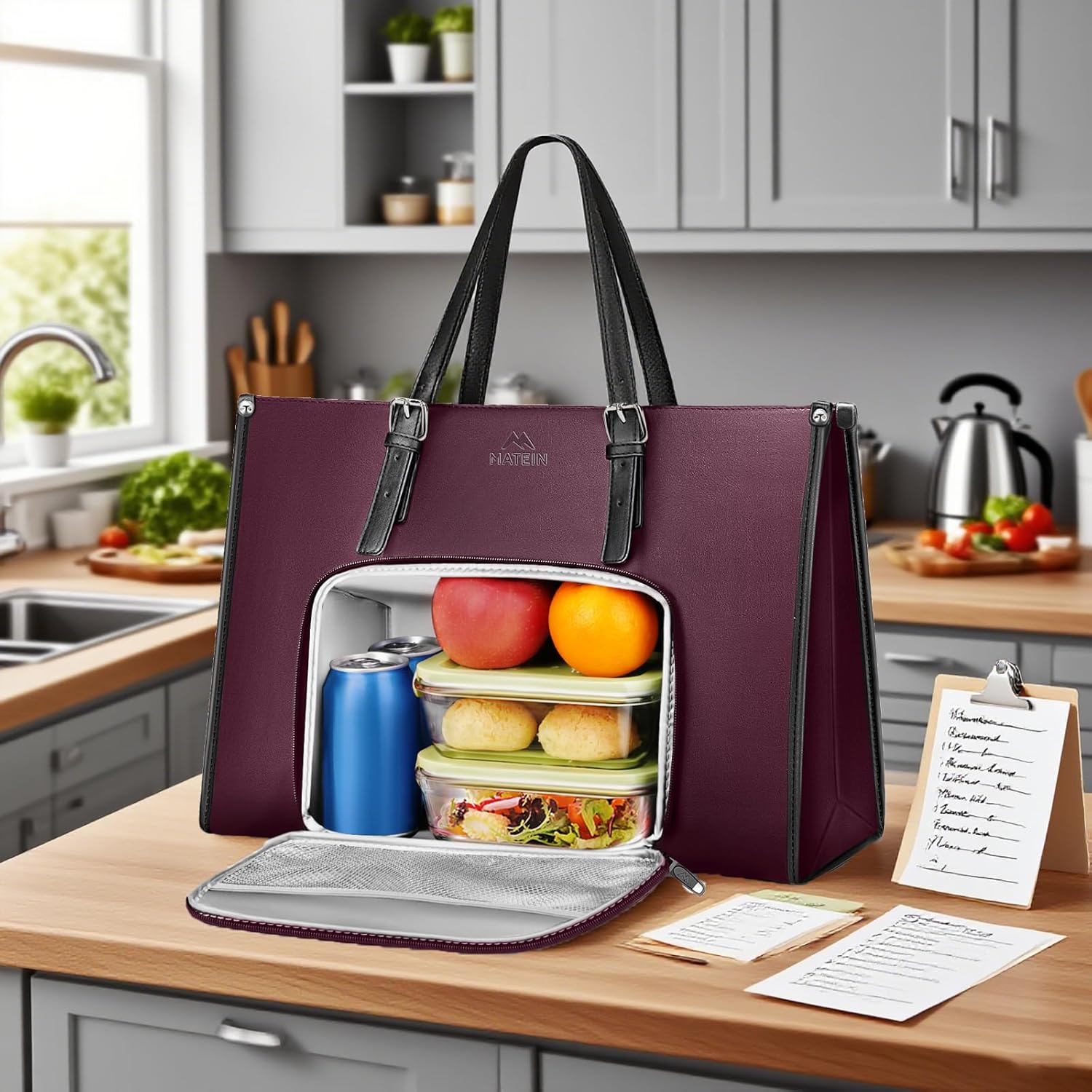 MATEIN Laptop Tote Bag With Lunch Compartment, 15.6 Inch PU Leather Business Briefcase with Leakproof Lunch Cooler Bag, Large Work Laptop Purse Lightweight Teacher Computer Tote Casual Handbag,Purple - Image 3