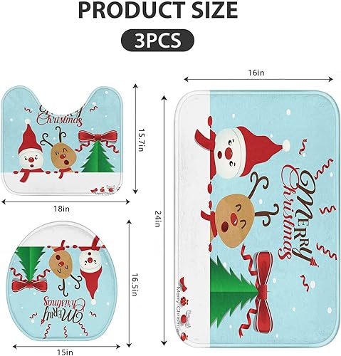 Miniatura 2 de Britimes Juego de 3 tapetes de baño de Navidad, lindos dibujos animados, ciervos y muñeco de nieve, juego de 3 alfombrillas de baño para baño,