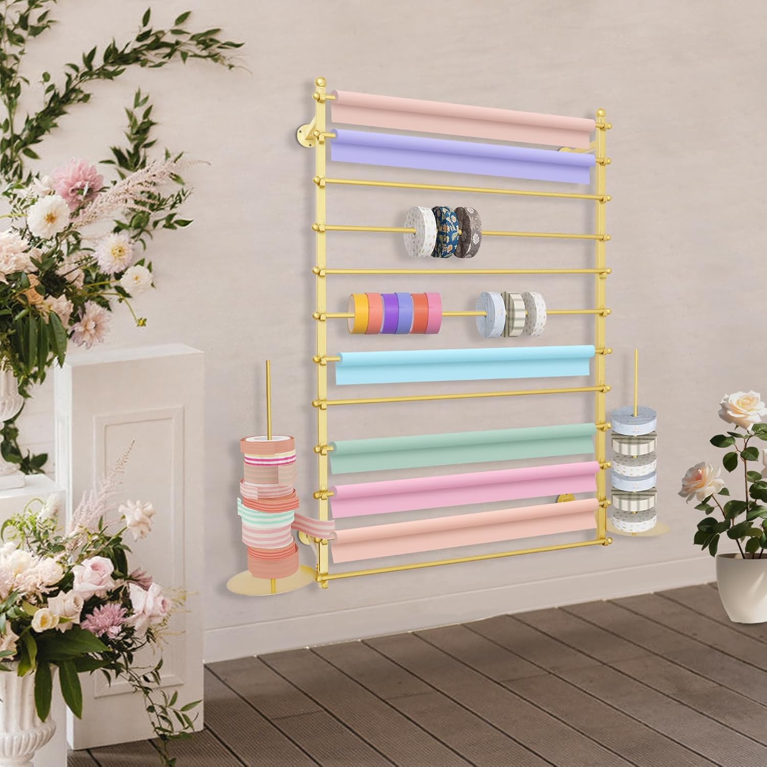 Ribbon Storage Organizer, Wall Mounted Ribbon Organizer, 12-Tier Metal Gift Wrapping Paper Rack, Spool Tie Scarf Hijab Belt Towel Hanger, for Home, Craft Room, Flower Shop, Gold, 31.5in Wide