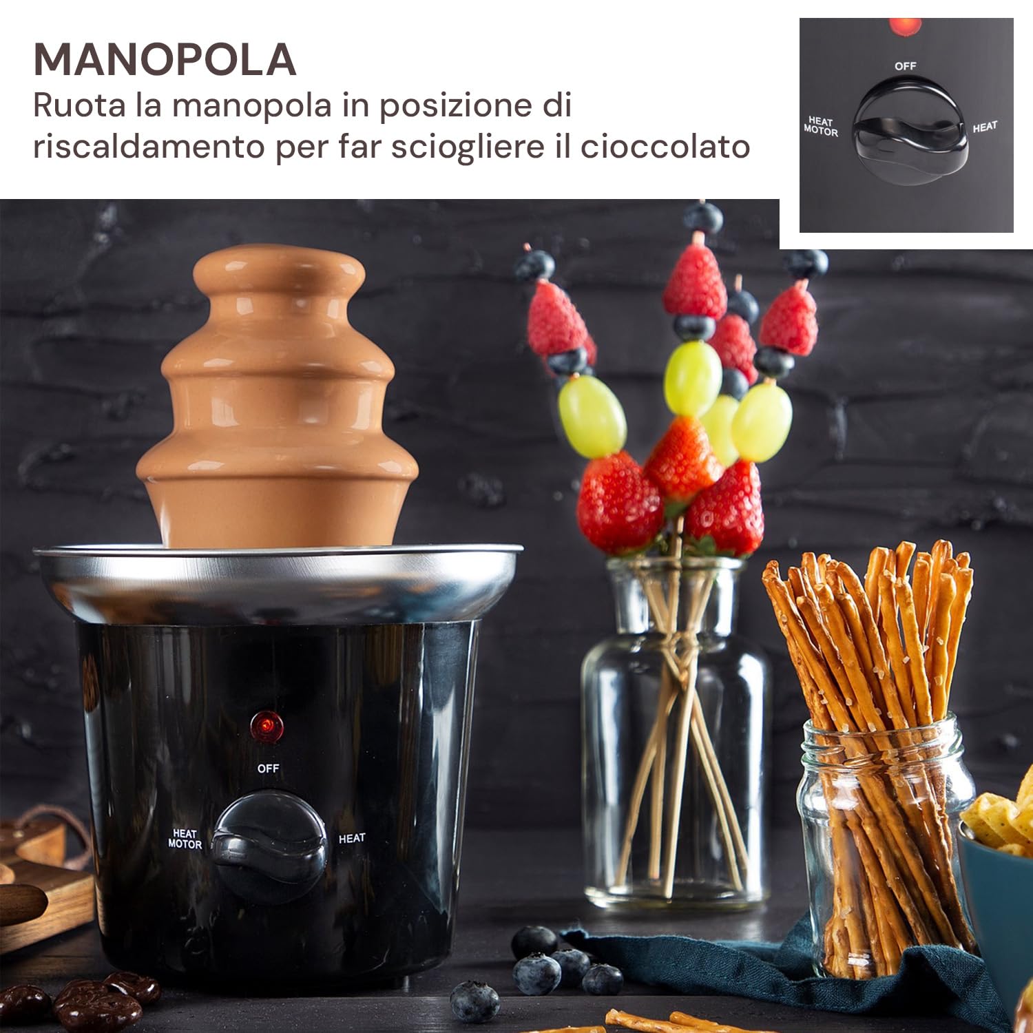 Wintem Fontana Elettrica di Cioccolato con Cascata a 3 Livelli 35W Nero - Ideale per Cene o Feste Speciali - Dotata di LED Luminso e Base Antiscivolo per Una Stabilità Ottimale - Elegante e Compatta