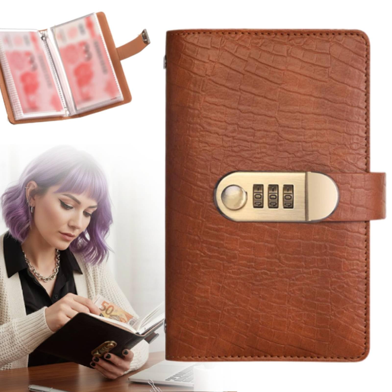 Money Book for Cash Saving,100 Envelopes Budget Organizer - Money Savings Binder with Password Lock - for Challenge Allowance Budget Management Personal Finance (Dark Brown)